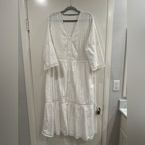 Zara White Long Sleeve Eyelet Dress